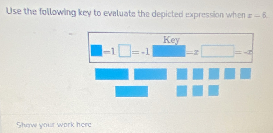 Use the following key to evaluate the depicted expression when x=6. 
Key
=1□ =-1
= =T
=-x
Show your work here