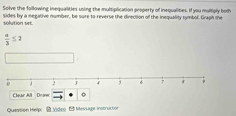 Solve the following inequalities using the multiplication property of inequalities. If you multiply both 
sides by a negative number, be sure to reverse the direction of the inequality symbol. Graph the 
solution set.
 a/3 ≤ 2
Clear All Draw: 。 
Question Help: Video Message instructor