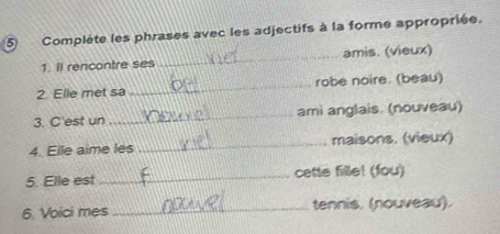 ⑤ Complète les phrases avec les adjectifs à la forme appropriée. 
1. Il rencontre ses _amis. (vieux) 
2. Elle met sa _robe noire. (beau) 
3. C'est un _ami anglais. (nouveau) 
4. Elle aime les _maisons. (vieux) 
5. Elle est _cette fille! (fou) 
6. Voici mes _tennis. (nouveau).