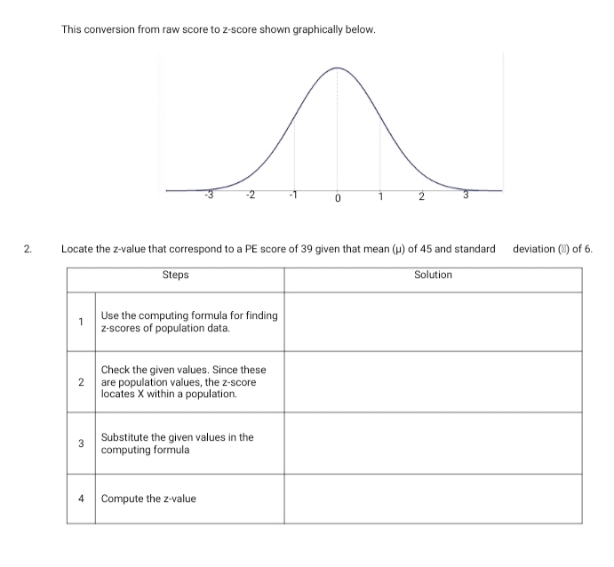 This conversion from raw score to z-score shown graphically below. 
2. Locate the z-value that correspond to a PE score of 39 given that mean (μ) of 45 and standard deviation (▲) of 6.