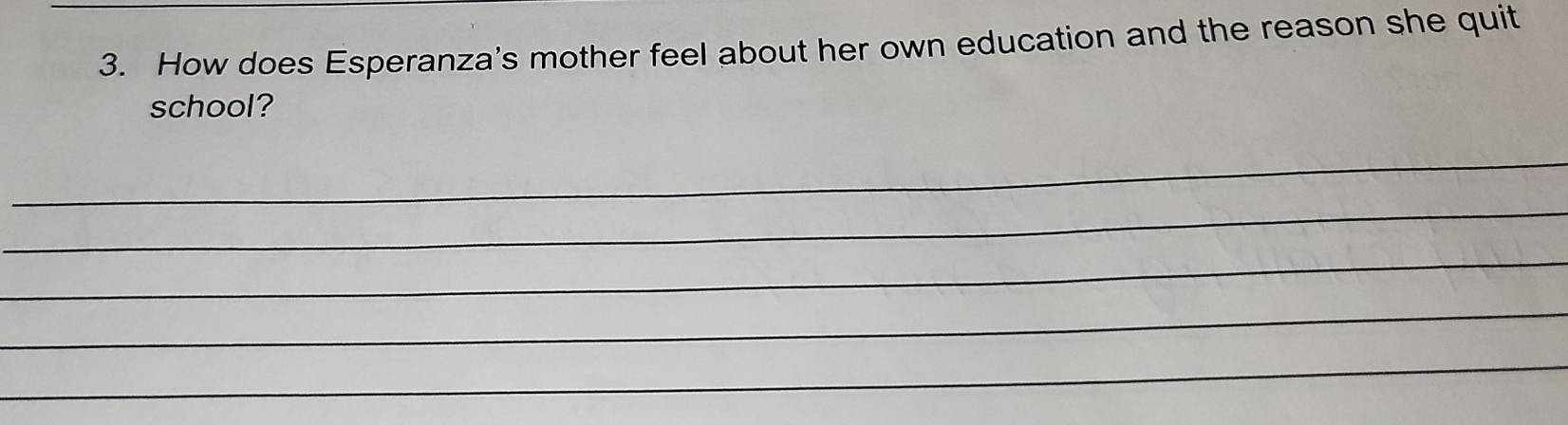 How does Esperanza's mother feel about her own education and the reason she quit 
school? 
_ 
_ 
_ 
_ 
_