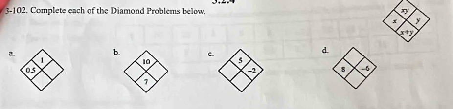 1 
3-102. Complete each of the Diamond Problems below.
x y
x+y
a. 
b. 
c. 
d
1
10
5
0s
-2
8 −6
7