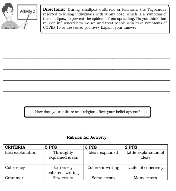 Directions: During smallpox outbreak in Palawan, the Tagbanuas 
Activity 2 resorted to killing individuals with runny nose, which is a symptom of 
the smallpox, to prevent the epidemic from spreading. Do you think that 
religion influenced how we see and treat people who have symptoms of 
COVID-19 or are tested positive? Explain your answer 
_ 
_ 
_ 
_ 
_ 
How does your culture and religion affect your belief system? 
Rubrics for Activity