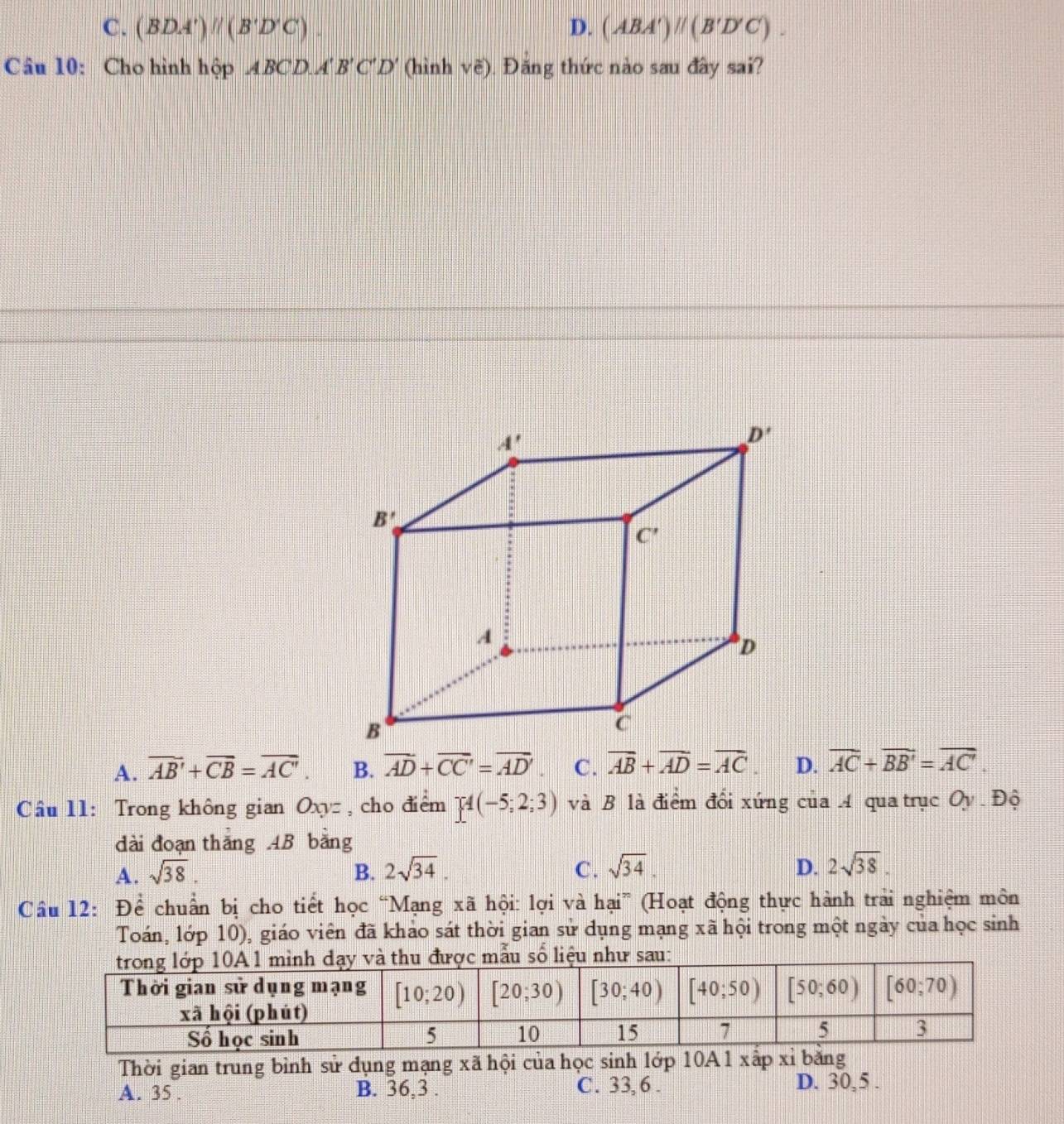 C. (BDA')parallel (B'D'C) D. (ABA')parallel (B'D'C).
Câu 10: Cho hình hộp ABCD.A'B'C'D' (hình vẽ). Đăng thức nào sau đây sai?
A. overline AB'+overline CB=overline AC'. B. overline AD+overline CC'=overline AD' C. vector AB+vector AD=vector AC D. overline AC+overline BB'=overline AC'.
Câu 11: Trong không gian Oxyz , cho điểm ][4(-5;2;3) và B là điểm đổi xứng của 4 qua trục Oy Độ
dài đoạn thǎng 4B bằng
A. sqrt(38). B. 2sqrt(34). C. sqrt(34). D. 2sqrt(38).
Câu 12: Để chuẩn bị cho tiết học “Mạng xã hội: lợi và hại” (Hoạt động thực hành trải nghiệm môn
Toán, lớp 10), giáo viên đã khảo sát thời gian sử dụng mạng xã hội trong một ngày của học sinh
Thời gian trung bình sử dụng mạng xã hội của học sinh lớp 10A 1 xấp xỉ bằng
A. 35 . B. 36,3 . C. 33, 6 . D. 30,5 .