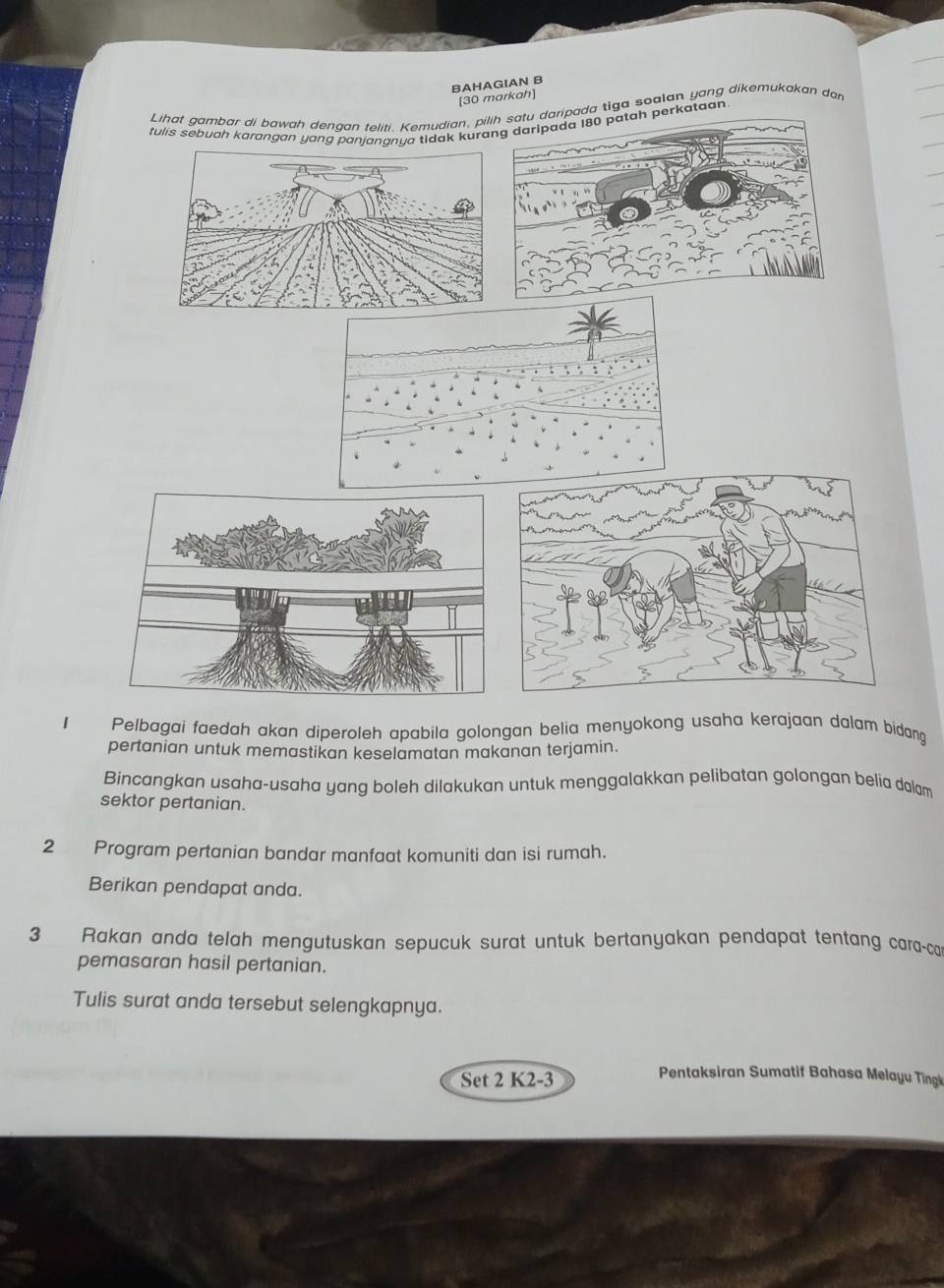 BAHAGIAN B 
[30 markah] 
Lihat gambar di bawah dengan teliti. Kemudian, piaripada tiga soalan yang dikemukakan dan 
tulis sebuah karangan yang a tidak kura perkataan 
1 Pelbagai faedah akan diperoleh apabila golongan belia menyokong usaha kerajaan dalam bidang 
pertanian untuk memastikan keselamatan makanan terjamin. 
Bíncangkan usaha-usaha yang boleh dilakukan untuk menggalakkan pelibatan golongan belia dalam 
sektor pertanian. 
2 Program pertanian bandar manfaat komuniti dan isi rumah. 
Berikan pendapat anda. 
3 Rakan anda telah mengutuskan sepucuk surat untuk bertanyakan pendapat tentang cara-ca 
pemasaran hasil pertanian. 
Tulis surat anda tersebut selengkapnya. 
Set 2 K2-3
Pentaksiran Sumatif Bahasa Melayu Tingk