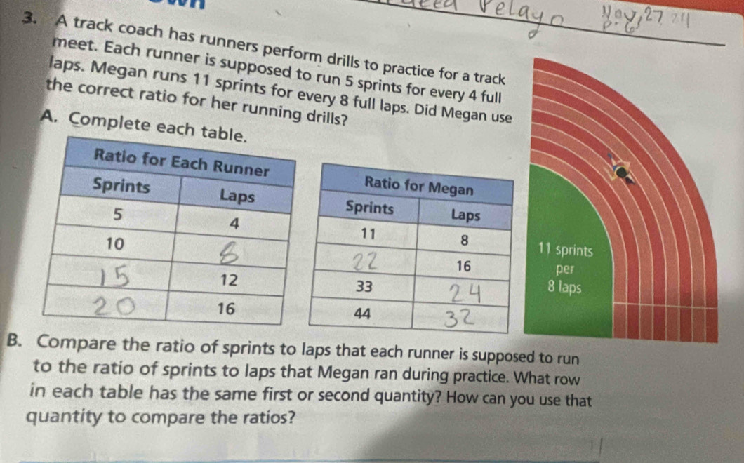 A track coach has runners perform drills to practice for a track 
meet. Each runner is supposed to run 5 sprints for every 4 full 
laps. Megan runs 11 sprints for every 8 full laps. Did Megan use 
the correct ratio for her running drills? 
A. Complete each 
B. Compare the ratio of sprints to laps that each runner is supposed to run 
to the ratio of sprints to laps that Megan ran during practice. What row 
in each table has the same first or second quantity? How can you use that 
quantity to compare the ratios?