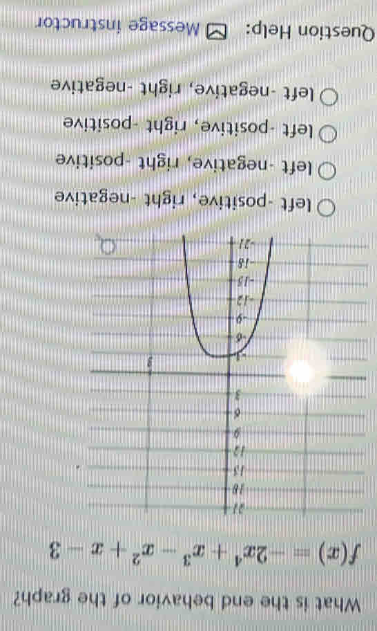 What is the end behavior of the graph?
f(x)=-2x^4+x^3-x^2+x-3
left -positive, right -negative
left -negative, right -positive
left -positive, right -positive
left -negative, right -negative
Question Help: Message instructor