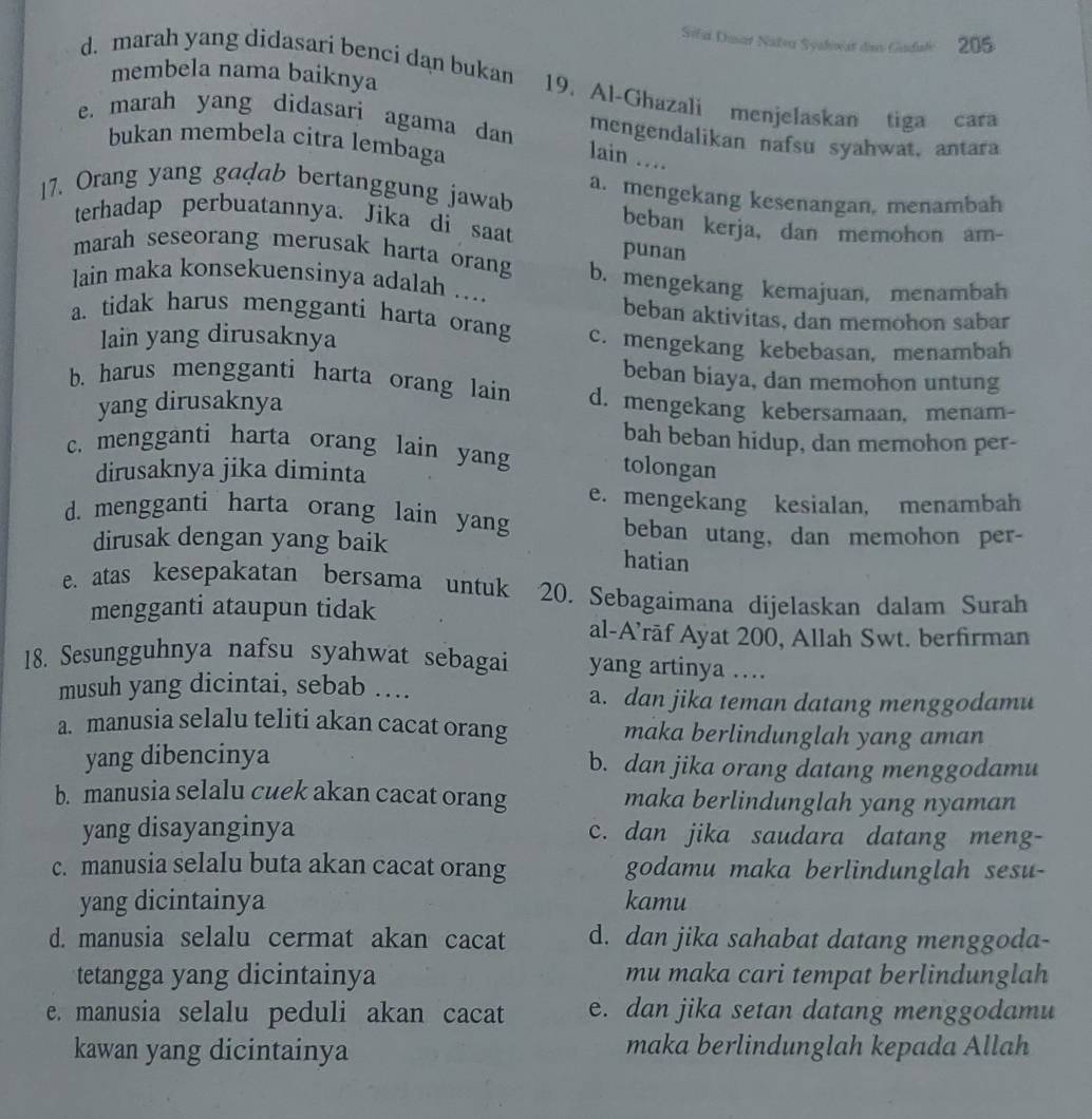 Sifal Dusar Nater Syalwat des Gadae   205
membela nama baiknya
d. marah yang didasari benci dan bukan 19. Al-Ghazali menjelaskan tiga cara
e. marah yang didasari agama dan mengendalikan nafsu syahwat, antara
bukan membela citra lembaga
lain …
17. Orang yang gadab bertanggung jawab
a. mengekang kesenangan, menambah
terhadap perbuatannya. Jika di saat beban kerja, dan memohon arn-
punan
marah seseorang merusak harta orang b. mengekang kemajuan, menambah
lain maka konsekuensinya adalah ....
beban aktivitas, dan memohon sabar
a. tidak harus mengganti harta orang c. mengekang kebebasan, menambah
lain yang dirusaknya
beban biaya, dan memohon untung
b. harus mengganti harta orang lain d. mengekang kebersamaan, menam-
yang dirusaknya
bah beban hidup, dan memohon per-
c. mengganti harta orang lain yang tolongan
dirusaknya jika diminta
e. mengekang kesialan, menambah
d. mengganti harta orang lain yang
beban utang, dan memohon per-
dirusak dengan yang baik hatian
e. atas kesepakatan bersama untuk 20. Sebagaimana dijelaskan dalam Surah
mengganti ataupun tidak
al-A’rāf Ayat 200, Allah Swt. berfirman
18. Sesungguhnya nafsu syahwat sebagai yang artinya …
musuh yang dicintai, sebab … a. dan jika teman datang menggodamu
a. manusia selalu teliti akan cacat orang maka berlindunglah yang aman
yang dibencinya b. dan jika orang datang menggodamu
b. manusia selalu cuek akan cacat orang maka berlindunglah yang nyaman
yang disayanginya c. dan jika saudara datang meng-
c. manusia selalu buta akan cacat orang godamu maka berlindunglah sesu-
yang dicintainya kamu
d. manusia selalu cermat akan cacat d. dan jika sahabat datang menggoda-
tetangga yang dicintainya mu maka cari tempat berlindunglah
e. manusia selalu peduli akan cacat e. dan jika setan datang menggodamu
kawan yang dicintainya maka berlindunglah kepada Allah