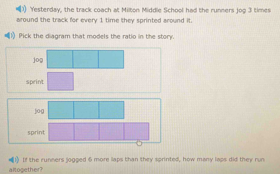 Yesterday, the track coach at Milton Middle School had the runners jog 3 times
around the track for every 1 time they sprinted around it. 
Pick the diagram that models the ratio in the story. 
jog 
sprint 
If the runners jogged 6 more laps than they sprinted, how many laps did they run 
altogether?