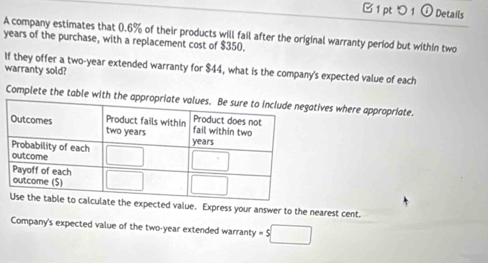 つ 1 ⓘ Details
A company estimates that 0.6% of their products will fail after the original warranty period but within two
years of the purchase, with a replacement cost of $350.
warranty sold? If they offer a two-year extended warranty for $44, what is the company's expected value of each
Complete the table with the appropives where appropriate.
xpected value. Express your answer to the nearest cent.
Company's expected value of the two-year extended warranty =$□