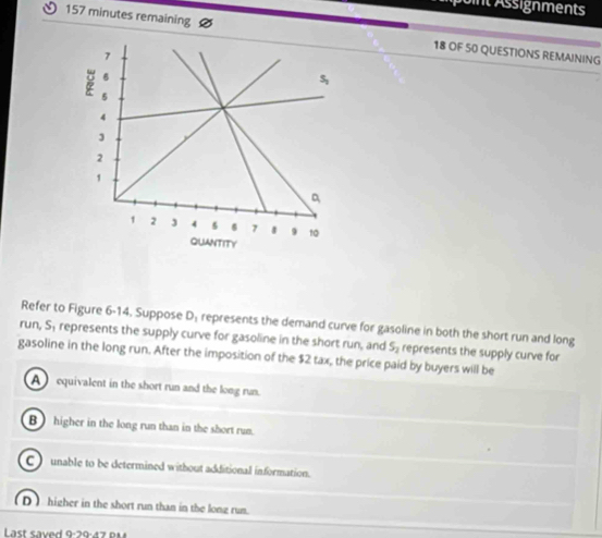 oint Assignments
157 minutes remaining 18 OF 50 QUESTIONS REMAINING
Refer to Figure 6-14. Suppose D_1 represents the demand curve for gasoline in both the short run and long
run S_1 represents the supply curve for gasoline in the short run, and S_2 represents the supply curve for
gasoline in the long run. After the imposition of the $2 tax, the price paid by buyers will be
A equivalent in the short run and the long run.
Bhigher in the long run than in the short run.
C ) unable to be determined without additional information.
D higher in the short run than in the long run.