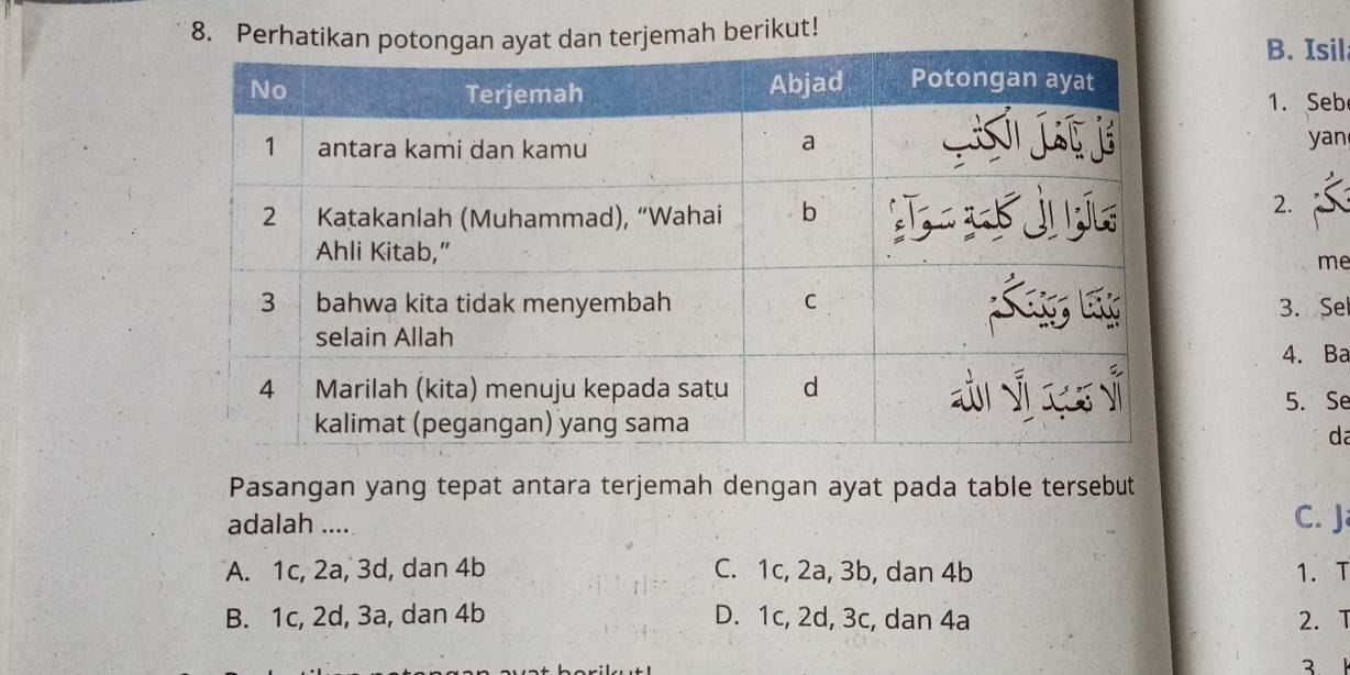 Perhmah berikut!
B. Isil
1. Seb
yan
2.
me
3. Sel
4. Ba
5. Se
da
Pasangan yang tepat antara terjemah dengan ayat pada table tersebut
adalah ..... C. J
A. 1c, 2a, 3d, dan 4b C. 1c, 2a, 3b, dan 4b 1. T
B. 1c, 2d, 3a, dan 4b D. 1c, 2d, 3c, dan 4a 2. T
3