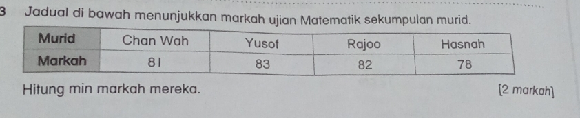 Jadual di bawah menunjukkan markah ujian Matematik sekumpulan murid. 
Hitung min markah mereka. [2 markah]