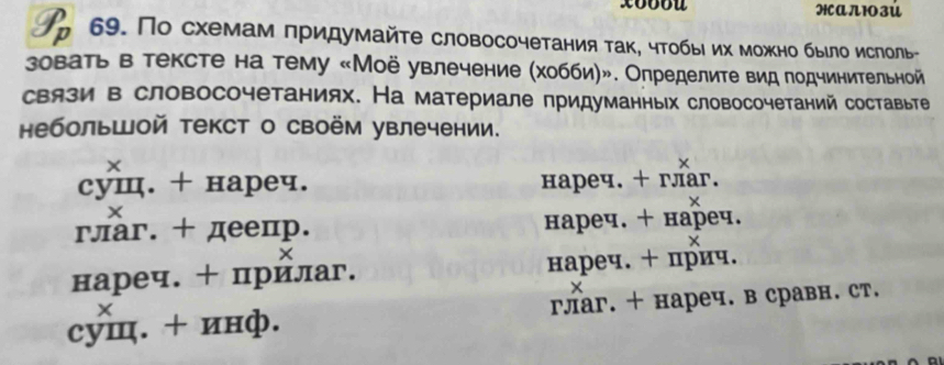 xo6ou HαлIO зủ
D a 69. По схемам πридумайτе словосочетания так, чтοбы их можно бьίло ислоль
зовать в тексте на тему «Моё увлечение (хобби)». Определите вид подчинительной
связи в словосочетаниях. На материале придуманных словосочетаний составыте
небольШой текст о своём увлечении.
X
cуш. + нареч. нареч. + глaг.
X
глаr. + деепр. нареч. + нареч.
X
нареч. + прилаг. нареч. + прич.
cуш. + инф. глaг. + нареч. в сравн. ст.
X