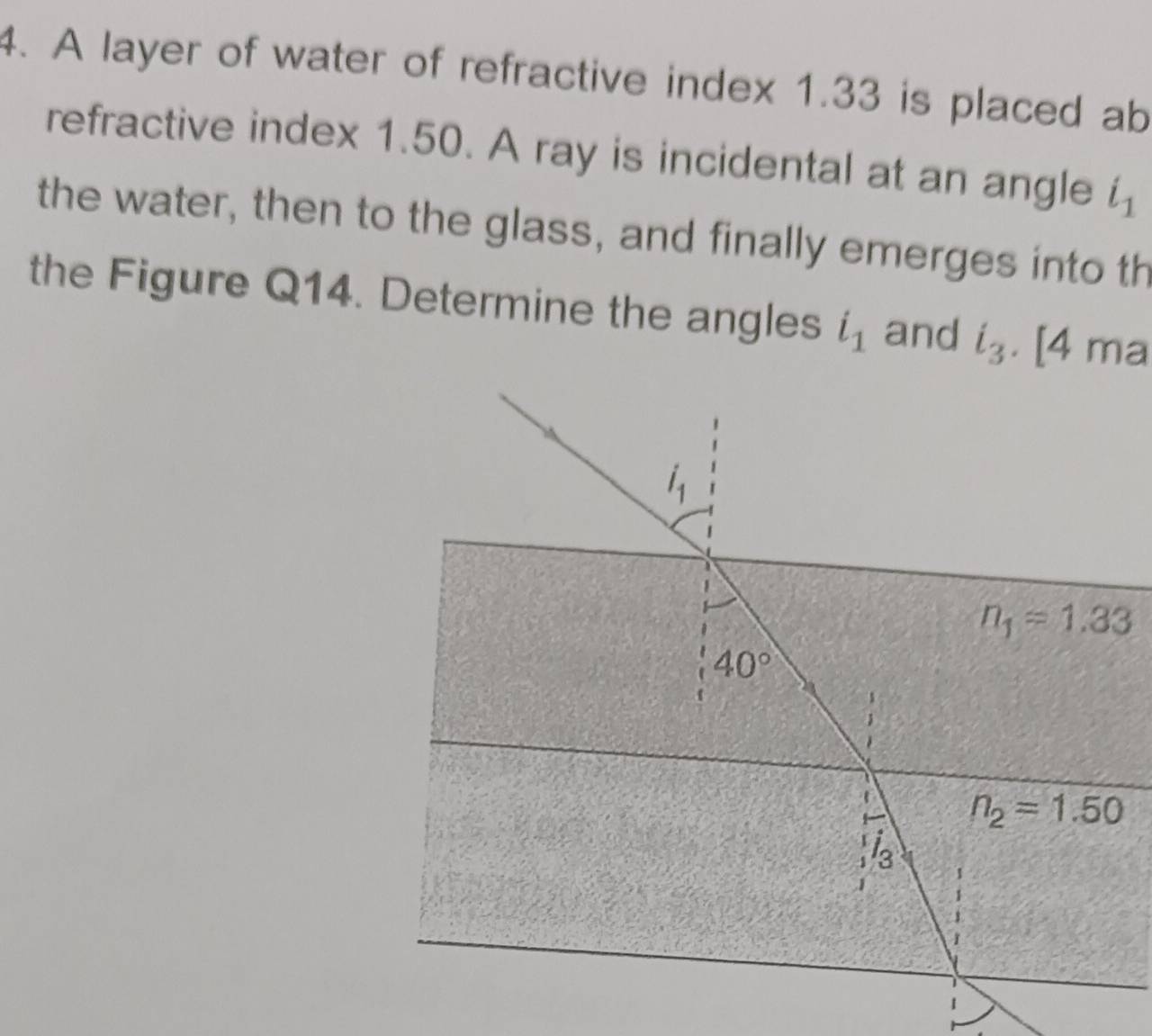 A layer of water of refractive index 1.33 is placed ab
refractive index 1.50. A ray is incidental at an angle i_1
the water, then to the glass, and finally emerges into th
the Figure Q14. Determine the angles i_1 and i_3