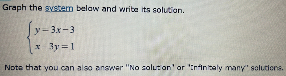 Graph the system below and write its solution.
beginarrayl y=3x-3 x-3y=1endarray.
Note that you can also answer "No solution" or "Infinitely many" solutions.