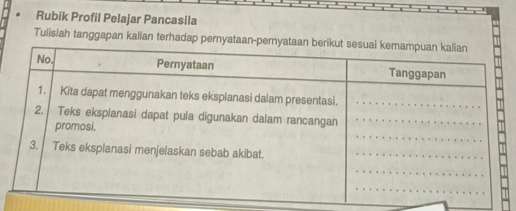 Rubik Profil Pelajar Pancasila 
Tulislah tanggapan kalian terhadap pernyataa