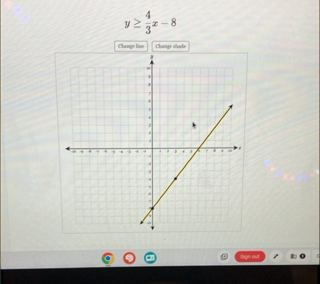 y≥  4/3 x-8
Change line Change shade 
Sign out