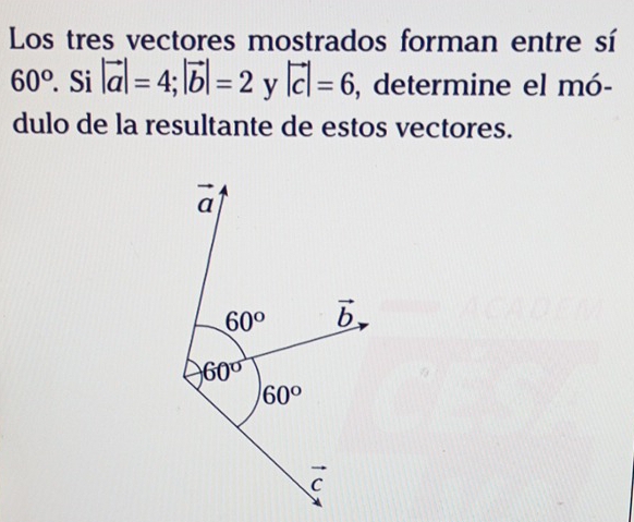 Solved: Los tres vectores mostrados forman entre sí 60°. Si |vector a ...