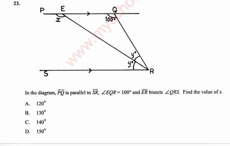 In the diagram, overline PQ is parallel to overline SR,∠ EQR=100° and overline ER bisects ∠ QRS. Find the value of x.
A. 120°
B. 130°
C. 140°
D. 150°