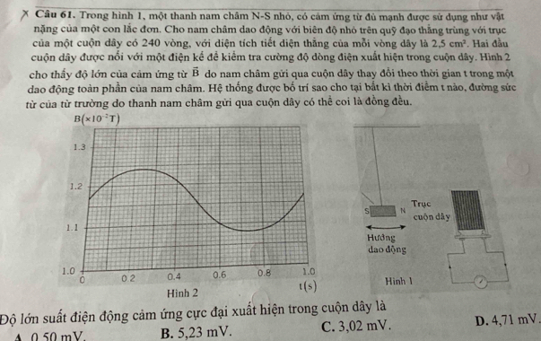 Trong hình 1, một thanh nam châm N-S nhỏ, có cảm ứng từ đủ mạnh được sử dụng như vật
nặng của một con lắc đơn. Cho nam châm dao động với biên độ nhỏ trên quỹ đạo thẳng trùng với trục
của một cuộn dây có 240 vòng, với diện tích tiết diện thẳng của mỗi vòng dây là 2,5cm^2. Hai đầu
cuộn dây được nổi với một điện kể đề kiểm tra cường độ dòng điện xuất hiện trong cuộn dây. Hình 2
cho thấy độ lớn của cảm ứng từ vector B do nam châm gửi qua cuộn dây thay đổi theo thời gian t trong một
dao động toàn phần của nam châm. Hệ thống được bố trí sao cho tại bắt kì thời điểm t nào, đường sức
từ của từ trường do thanh nam châm gửi qua cuộn dây có thể coi là đồng đều.
Độ lớn suất điện động cảm ứng cực đại xuất hiện trong cuộn dây là
A 0 50 mV. B. 5,23 mV. C. 3,02 mV. D. 4,71 mV.