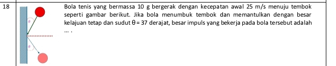 Bola tenis yang bermassa 10 g bergerak dengan kecepatan awal 25 m/s menuju tembok 
seperti gambar berikut. Jika bola menumbuk tembok dan memantulkan dengan besar 
kelajuan tetap dan sudut θ =37 derajat, besar impuls yang bekerja pada bola tersebut adalah