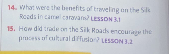 What were the benefits of traveling on the Silk 
Roads in camel caravans? LESSON 3.1
15. How did trade on the Silk Roads encourage the 
process of cultural diffusion? LESSON 3.2