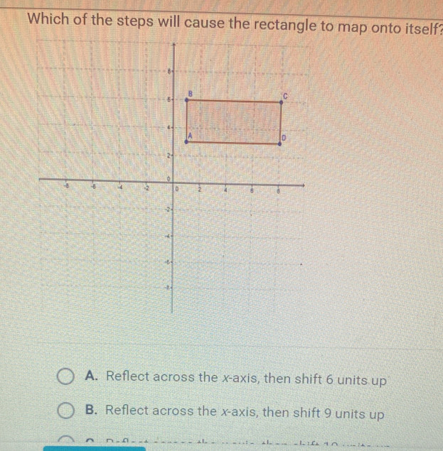 Which of the steps will cause the rectangle to map onto itself?
A. Reflect across the x-axis, then shift 6 units up
B. Reflect across the x-axis, then shift 9 units up