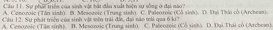 Sự phát triển của sinh vật bắt đầu xuất hiện sự sống ở đại nào?
A. Cenozoic (Tân sinh). B. Mesozoic (Trung sinh). C. Paleozoic (Cổ sinh). D. Đại Thái cổ (Archean).
Câu 12. Sự phát triển của sinh vật trên trái đất, đại nào trải qua 6 ki?
A. Cenozoic (Tân sinh). B. Mesozoic (Trung sinh). C. Paleozoic (Cổ sinh). D. Đại Thái cổ (Archean)