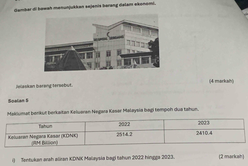 Gambar di bawah menunjukkan sejenis barang dalam ekonomi. 
(4 markah) 
Jelaskan barang tersebut. 
Soalan 5 
Maklumat berikut berkaitan Keluaran Negara Kasar Malaysia bagi tempoh dua tahun. 
i) Tentukan arah aliran KDNK Malaysia bagi tahun 2022 hingga 2023. (2 markah)