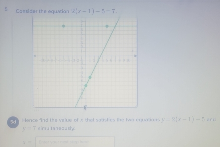 ⑤ Consider the equation 2(x-1)-5=7. 
Ga Hence find the value of x that satisfies the two equations y=2(x-1)-5 and
y=7 simultaneously.
x= Enter your next step here