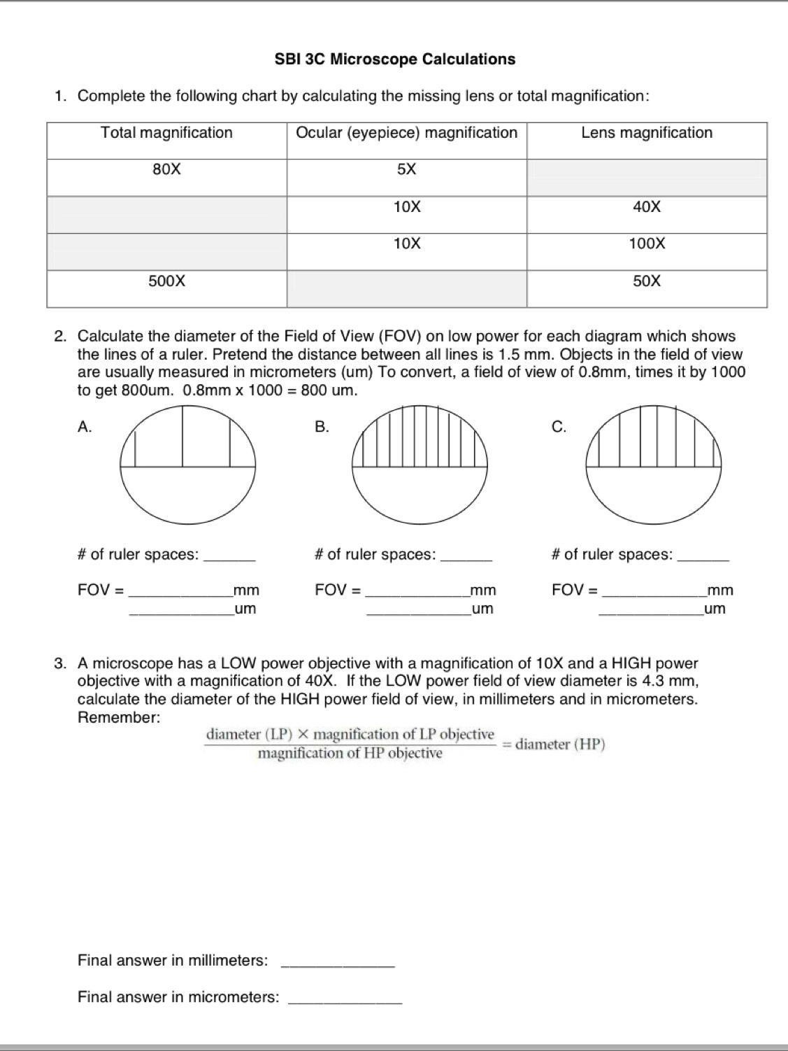 Solved: SBI 3C Microscope Calculations 1. Complete the following chart ...