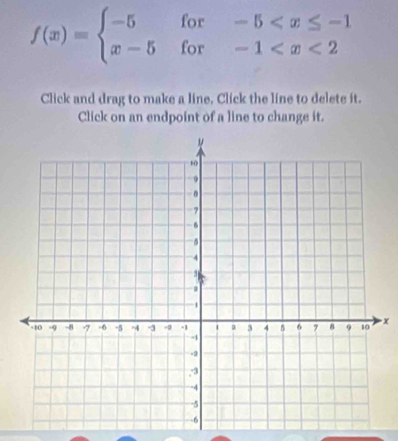 f(x)=beginarrayl -5for-5
Click and drag to make a line. Click the line to delete it. 
Click on an endpoint of a line to change it.
x