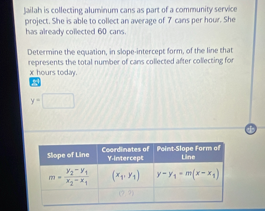 Jailah is collecting aluminum cans as part of a community service
project. She is able to collect an average of 7 cans per hour. She
has already collected 60 cans.
Determine the equation, in slope-intercept form, of the line that
represents the total number of cans collected after collecting for
x hours today.
y=□
4