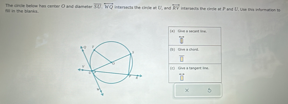 The circle below has center O and diameter vector SU.overleftrightarrow WQ intersects the circle at U, and overleftrightarrow RV intersects the circle at P and U. Use this information to 
fill in the blanks. 
(a) Give a secant line. 
(b) Give a chord.
overline □ 
(c) Give a tangent line. 
×