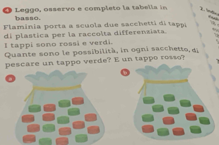 ④ Leggo, osservo e completo la tabella in 2. Indic 
basso. 
teuck 
Flaminia porta a scuola due sacchetti di tappi 18
di plastica per la raccolta differenziata. 
1a 
I tappi sono rossi e verdi. 
Quante sono le possibilità, in ogni sacchetto, di 
pescare un tappo verde? E un tappo rosso? 
b 
a