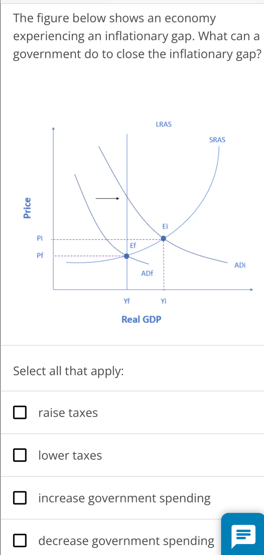 The figure below shows an economy
experiencing an inflationary gap. What can a
government do to close the inflationary gap?
Select all that apply:
raise taxes
lower taxes
increase government spending
decrease government spending