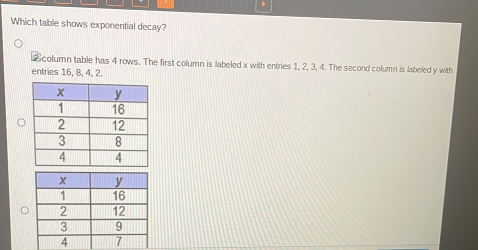 Which table shows exponential decay? 
. 2 column table has 4 rows. The first column is labeled x with entries 1, 2, 3, 4. The second column is labeled y with 
entries 16, 8, 4, 2.