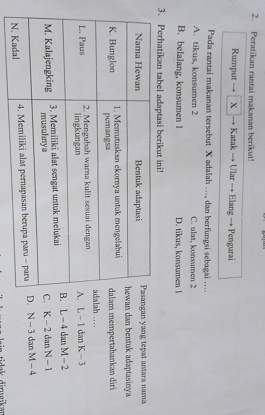 Peratikan rantai makanan berikut!
Rumput X Katak → Ular Elang → Pengurai
Pada rantai makanan tersebut X adalah ..., dan berfungsi sebagai ....
A. tikus, konsumen 2 C. ulat, konsumen 2
B. belalang, konsumen 1 D. tikus, konsumen 1
3. Perhatikan tabel adaptasi berikut ini!
an yang tepat antara nama
dan bentuk adaptasinya 
mempertahankan diri
h …
L-1 dan K-3
L-4 dan M-2
K-2 dan N-1
N-3 dan M-4
i i ru gikan