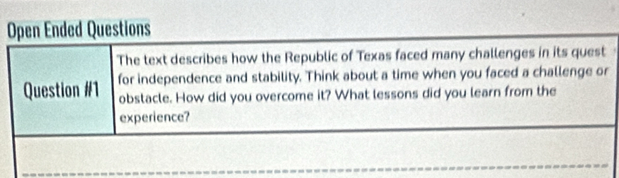 Open Ended Questions 
The text describes how the Republic of Texas faced many challenges in its quest 
Question #1 for independence and stability. Think about a time when you faced a challenge or 
obstacle. How did you overcome it? What lessons did you learn from the 
experience?