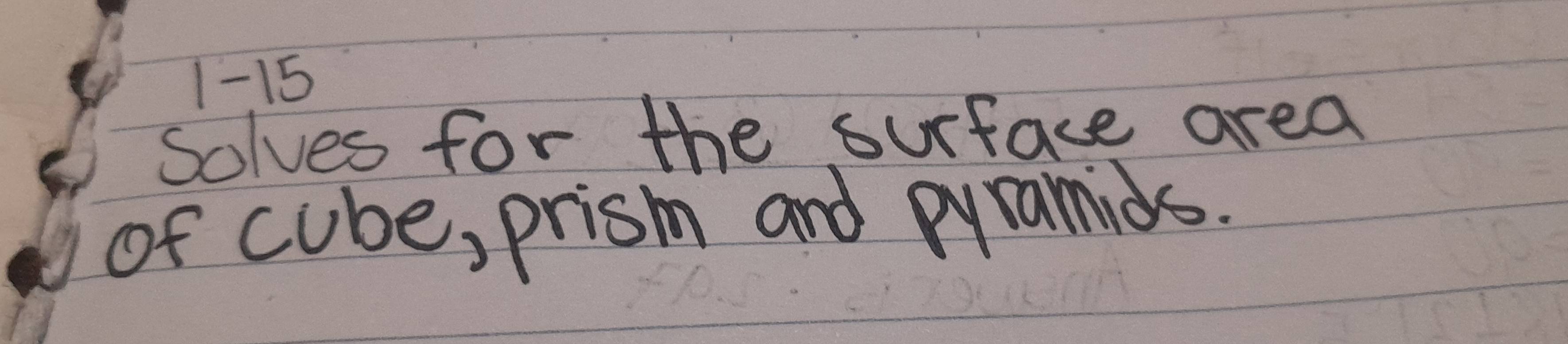 1-15 
Solves for the surface area 
of cube, prism and pyramids.