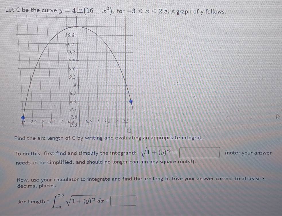 Let C be the curve y=4ln (16-x^2) , for -3≤ x≤ 2.8. A graph of y follows. 
Find the arc length of C by writing and evaluating an appropriate integral. 
To do this, first find and simplify the integrand: sqrt(1+(y)'^2)=□ □ (note: your answer 
needs to be simplified, and should no longer contain any square roots!). 
Now, use your calculator to integrate and find the arc length. Give your answer correct to at least 3
decimal places. 
Arc Length =∈t _(-3)^(2.8)sqrt(1+(y)'^2)dx=□