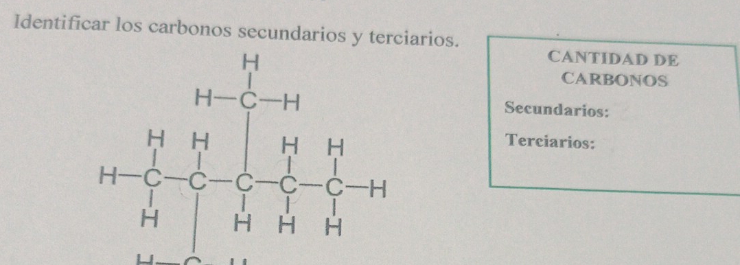 Identificar los carbonos secundarios y terciarios.
CANTIDAD DE
CARBONOS
Secundarios:
Terciarios: