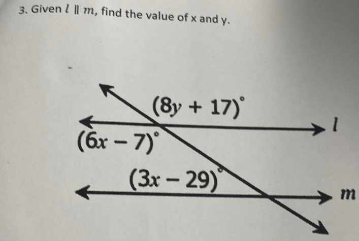 Given l||m , find the value of x and y.
m