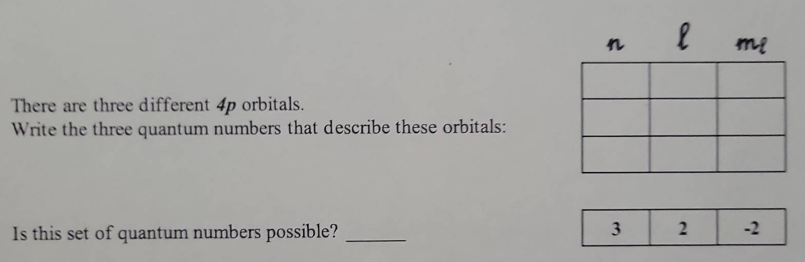 There are three different 4p orbitals. 
Write the three quantum numbers that describe these orbitals: 
Is this set of quantum numbers possible? _