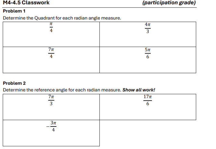 M4-4.5 Classwork (participation grade)
Problem 1
Determine the Quadrant for each radian angle measure.
Problem 2
Determine the reference angle for each radian measure. Show all work!