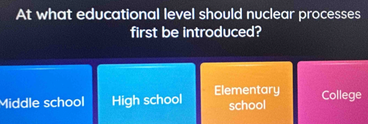 At what educational level should nuclear processes
first be introduced?
Elementary College
Middle school High school school