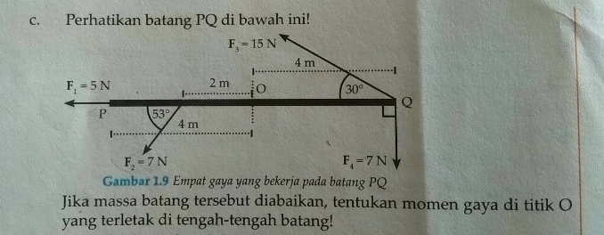 Perhatikan batang PQ di bawah ini!
F_3=15N
4 m
·1
F_1=5N
2 m O 30°
Q
P 53°
4 m
F_2=7N
F_4=7N
Gambar 1.9 Empat gaya yang bekerja pada batang PQ
Jika massa batang tersebut diabaikan, tentukan momen gaya di titik O
yang terletak di tengah-tengah batang!