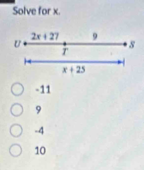 Solve for x.
2x+27 9
U
s
I
x+25
-11
9
-4
10