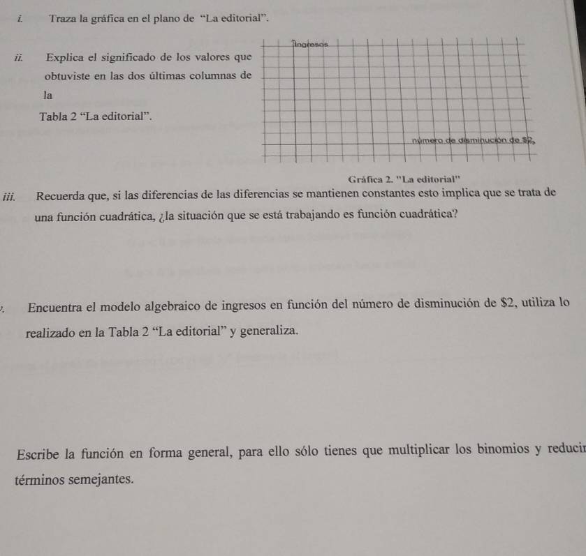 Traza la gráfica en el plano de “La editorial”. 
ii. Explica el significado de los valores q 
obtuviste en las dos últimas columnas 
la 
Tabla 2^“ La editorial”. 
Gráfica 2. ''La editorial'' 
iii. Recuerda que, si las diferencias de las diferencias se mantienen constantes esto implica que se trata de 
una función cuadrática, ¿la situación que se está trabajando es función cuadrática? 
、 Encuentra el modelo algebraico de ingresos en función del número de disminución de $2, utiliza lo 
realizado en la Tabla 2^(cc) La editorial” y generaliza. 
Escribe la función en forma general, para ello sólo tienes que multiplicar los binomios y reducir 
términos semejantes.